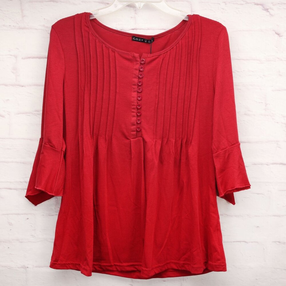 Cozy Casual Button Front Blouse Top 3/4 Flared Sleeves Size M Red Pleated